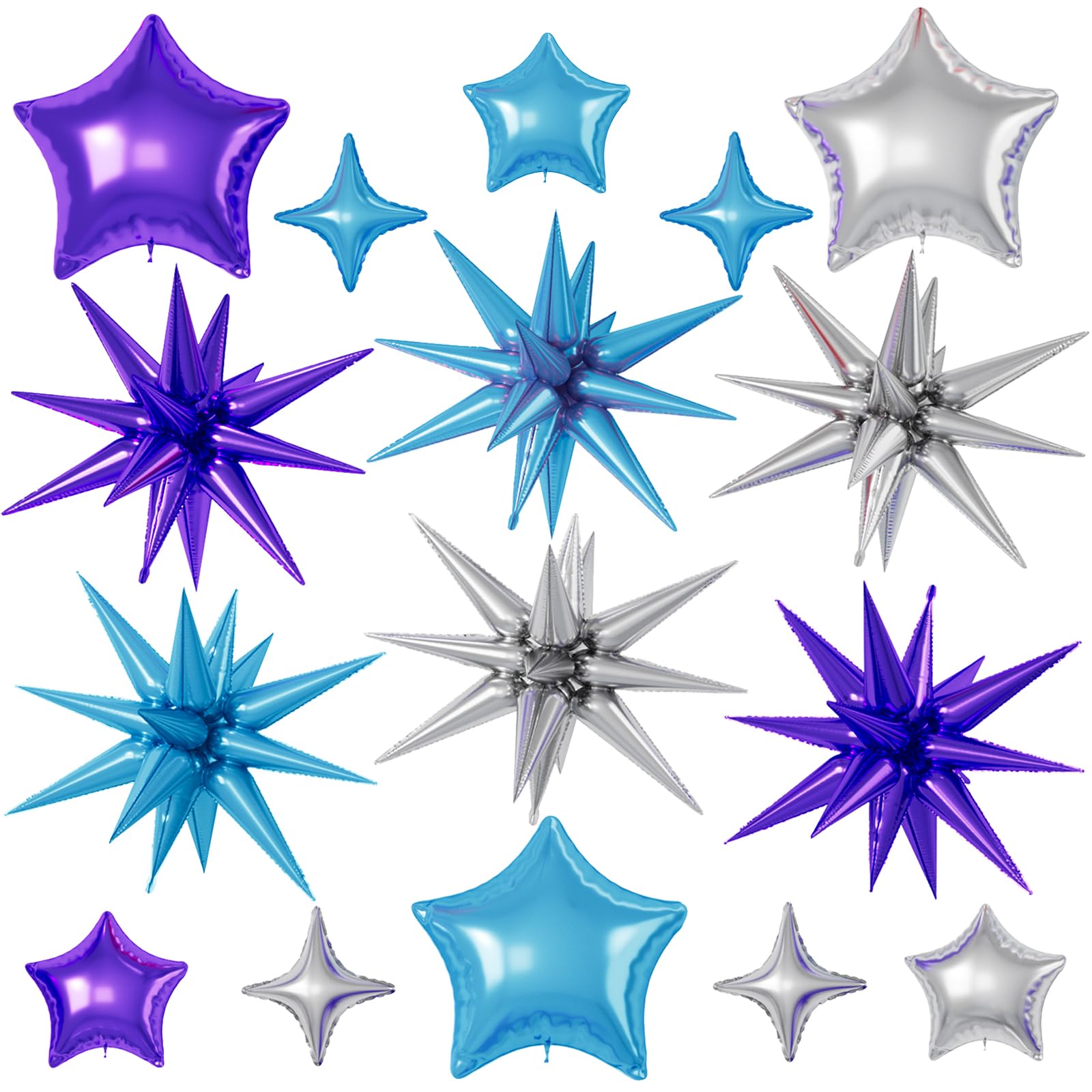 Blue Purple Silver Star Balloons, 22/18/10 Inch Foil Balloons, Four-Pointed Balloon for Boy Men Birthday Graduation Wedding Baby Shower Galaxy Space Party Decorations