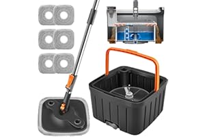 Sakerplus Spin Mop Set, Spin Mop and Bucket Set with Self-Separation Dirty and Clean, Height Adjustable, 6 Washable Pads Included, Mop Set for Floors, Wall, Window Cleaning