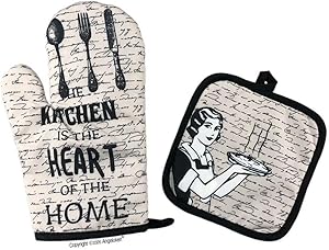 Angeloken Funny Oven Mitts The Kitchen is The Heart of The Home Extreme Heat Resistant Soft Cotton Lining Pot Holder Oven Gloves Set for Kitchen BBQ Grilling Baking Welding 11 Inch