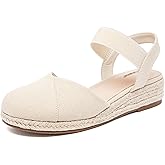 Ataiwee Women's Platform Wedge Heel Espadrille Sandals - Adjustable Elastic Ankle Strap, Slip-On lightweight Rubber Sole, Comfortable Insole, Close-Toe Casual Summer Sandals.