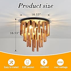 UOFUS 16.5inch 5-Light Rustic Wood Flush Mount