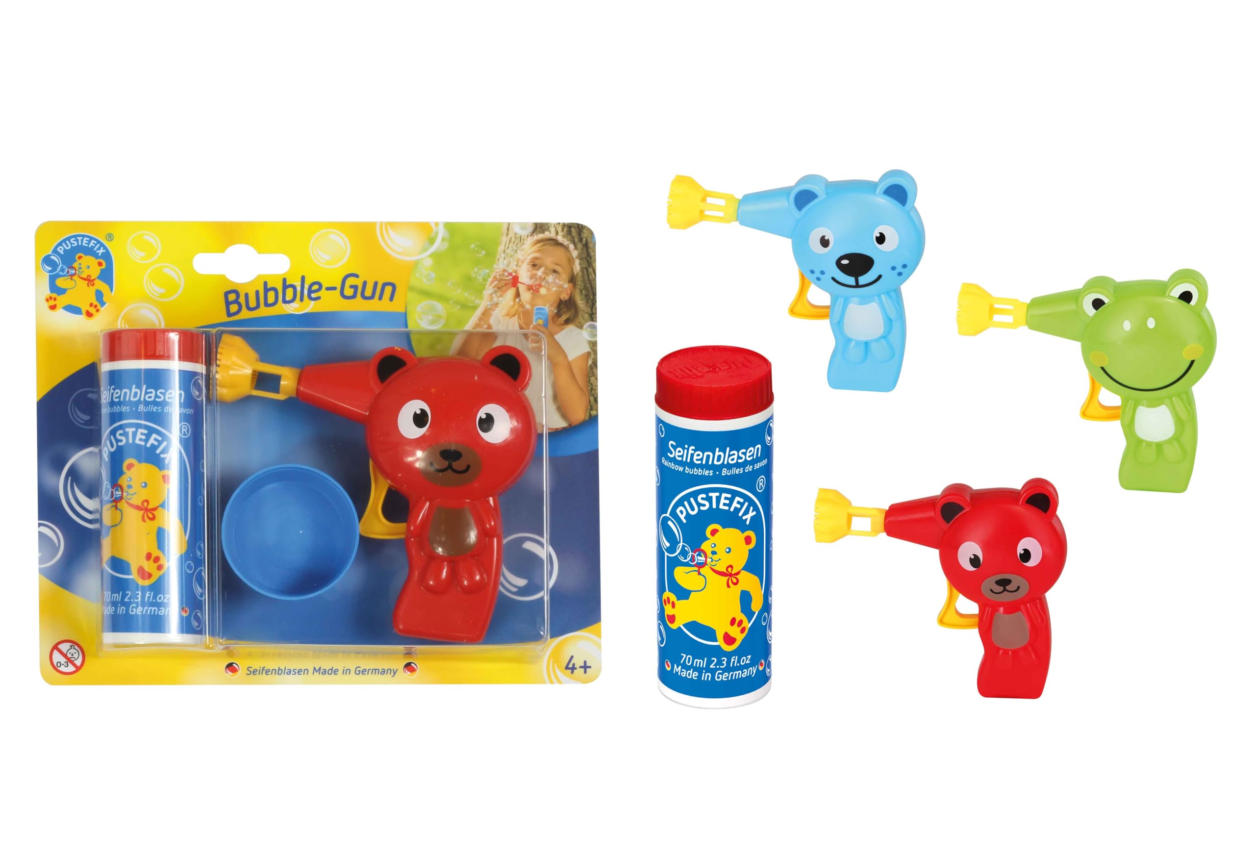 PUSTEFIX Bubble Gun, Assorted Colour, 70ml Bubble Solution, Colourful Bubbles, Made in Germany, Soap Bubbles Toy for Children's Birthdays, Weddings, Parties for Children and Adults