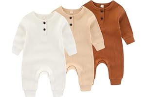 IADOER Newborn Baby Boys Girls One Piece Romper With Mitten Cuffs 3 Pack Long Sleeve Ribbed Button Jumpsuit Outfit Clothes