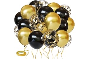 PUFFLD Black and Gold Balloons, 60PCS 12 Inch Metallic Gold and Black Confetti Balloons Black Latex Balloons and Gold Latex Balloons for Birthday Graduation New Years Anniversary Wedding Party Decorations