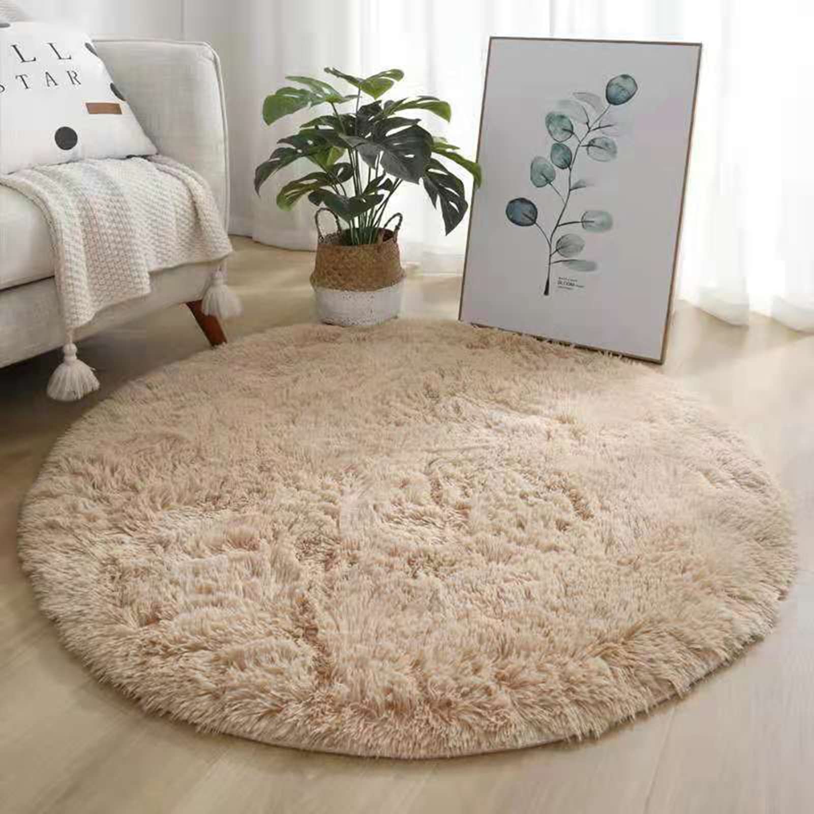 Tissting Nordic Style 2.6ft Round Shaggy Area Rug, Beige, 80x80cm/2.6x2.6ft