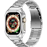 HASLFM Stainless Steel Band with Case Compatible with Apple Watch Ultra 3 2 1(49mm), Metal Protective Bumper Cover for iWatch Bands Men,Silver