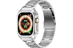 AMZNEW HASLFM Stainless Steel Band with Case Compatible with Apple Watch Ultra 3 2 1(49mm), Metal Protective Bumper Cover for iWatch Bands Men,Silver
