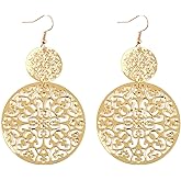 coadipress Boho Filigree Hollow Out Geometric Dangle Drop Earrings for Women Retro Double Round Disc Statement Metallic Cutout Metal Flower Large Earrings Ethnic Style Jewelry Gifts