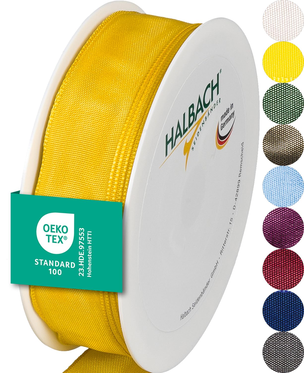 Halbach Seidenbänder Premium Gift Ribbon with Wired Edge, Width 25 mm, Length 25 m, Oeko-Tex 100 Certified Ribbon, Taffeta Ribbon, Made in Germany, Colour: Yellow — image 1