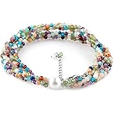 CRYSTALIS Natural Multi-Gemstones Enchanting Beads Twisted Rope Choker Necklace with Elegant Pearl, Beaded Crystals, Chakra Healing Gemstone, Women Gift Jewelry, 925 Sterling Silver 18 inch