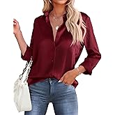 HOTOUCH Button Down Shirts for Women Satin Silk Collared Dressy Casual Blouses Loose Long Sleeve Office Work Tops