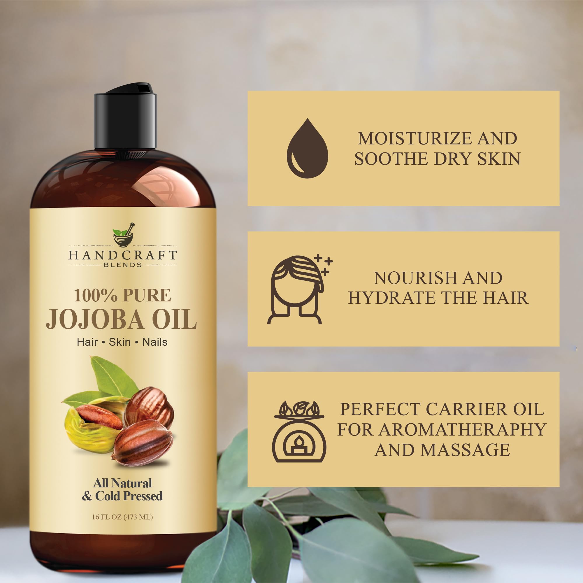 Handcraft Blends Jojoba Oil - Cold-Pressed 16 Fl Oz - 100% Pure | For Skin and Hair | Body Massage | Hair Relaxer | Premium Grade Oil | Hexane-Free