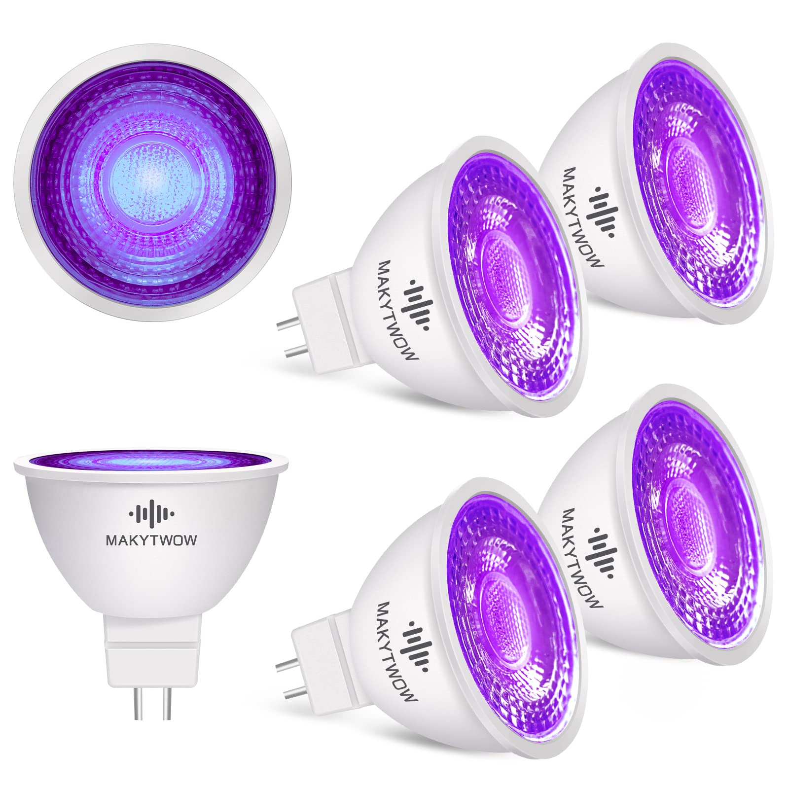 Photo 1 of MAKYTWOW MR16 LED Light Bulb, Purple, Gu5.3 Bi-pin Base LED Spotlights 12V LED Light for Outdoor Landscape Track Lighting, 4W=50W Halogen Equivalent, 6Pack