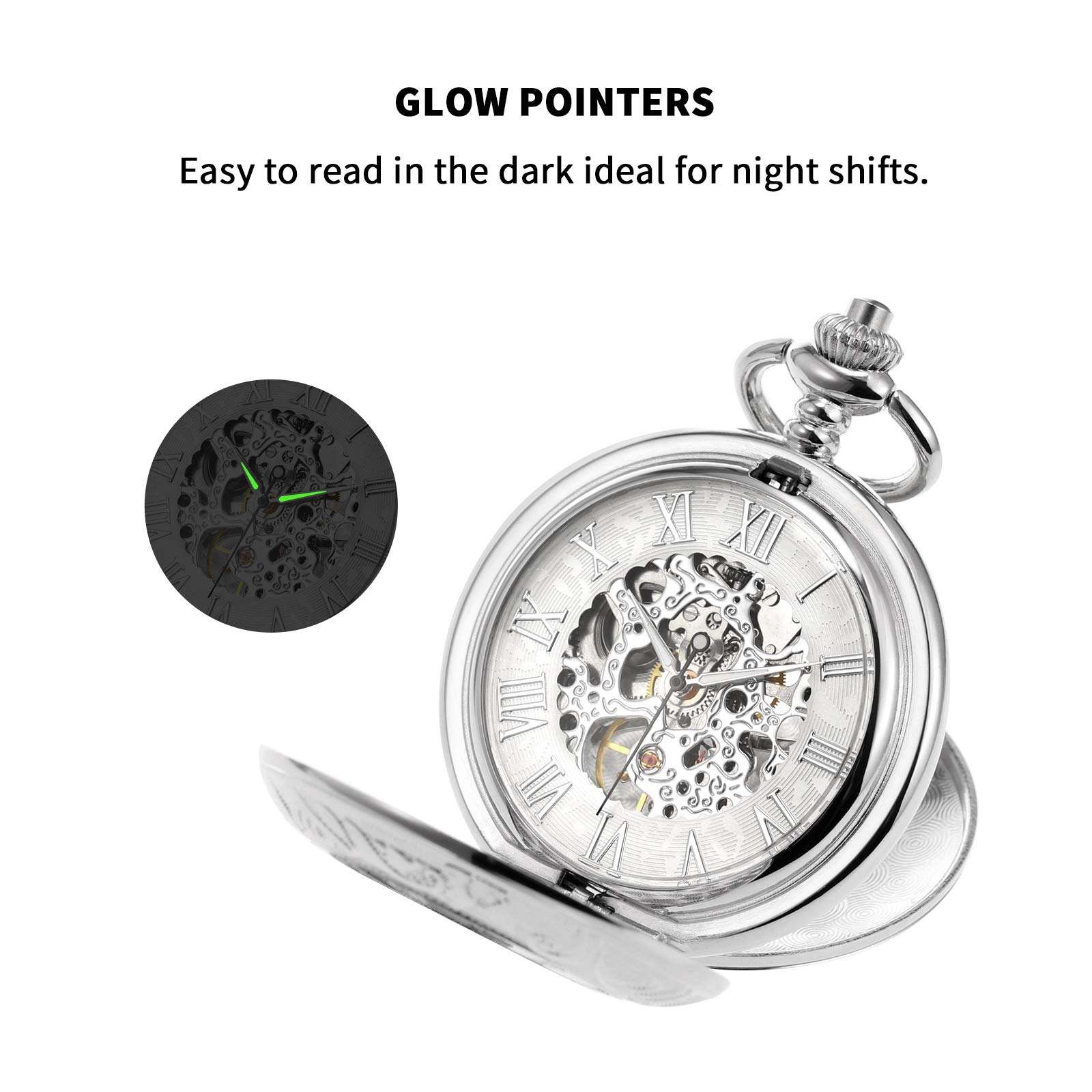 Men's Mechanical Skeleton Pocket Watch for Mens Women Blue Roman Numerals Dial Double Case Pocket Watches