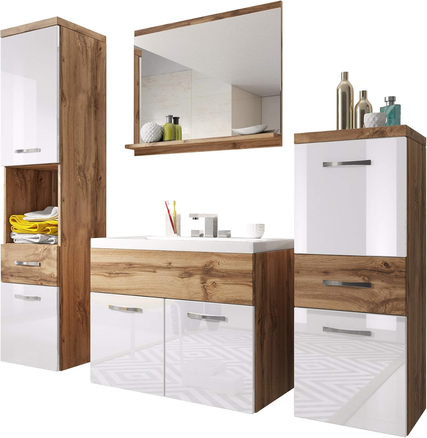 Badmöbel Set Bella I mit Waschbecken und Siphon, Modernes Badezimmer
