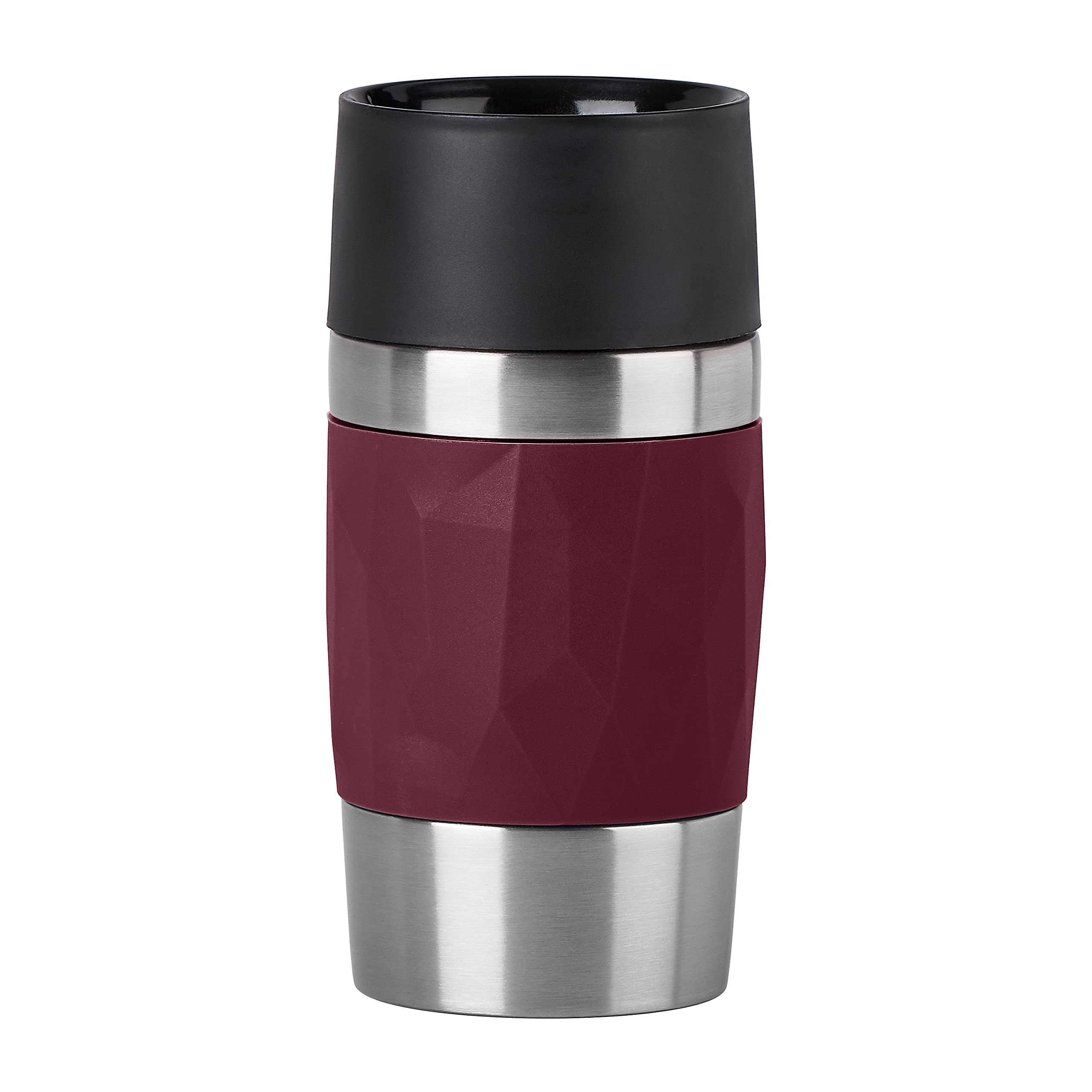 Emsa N21609 Travel Mug Compact Thermo-/Isolierbecher aus Edelstahl, 0,3 Liter, 3h heiß, 6h kalt, 100% dicht, auslaufsicher, spülmaschinengeeignet, 360°-Trinköffnung, Weinrot