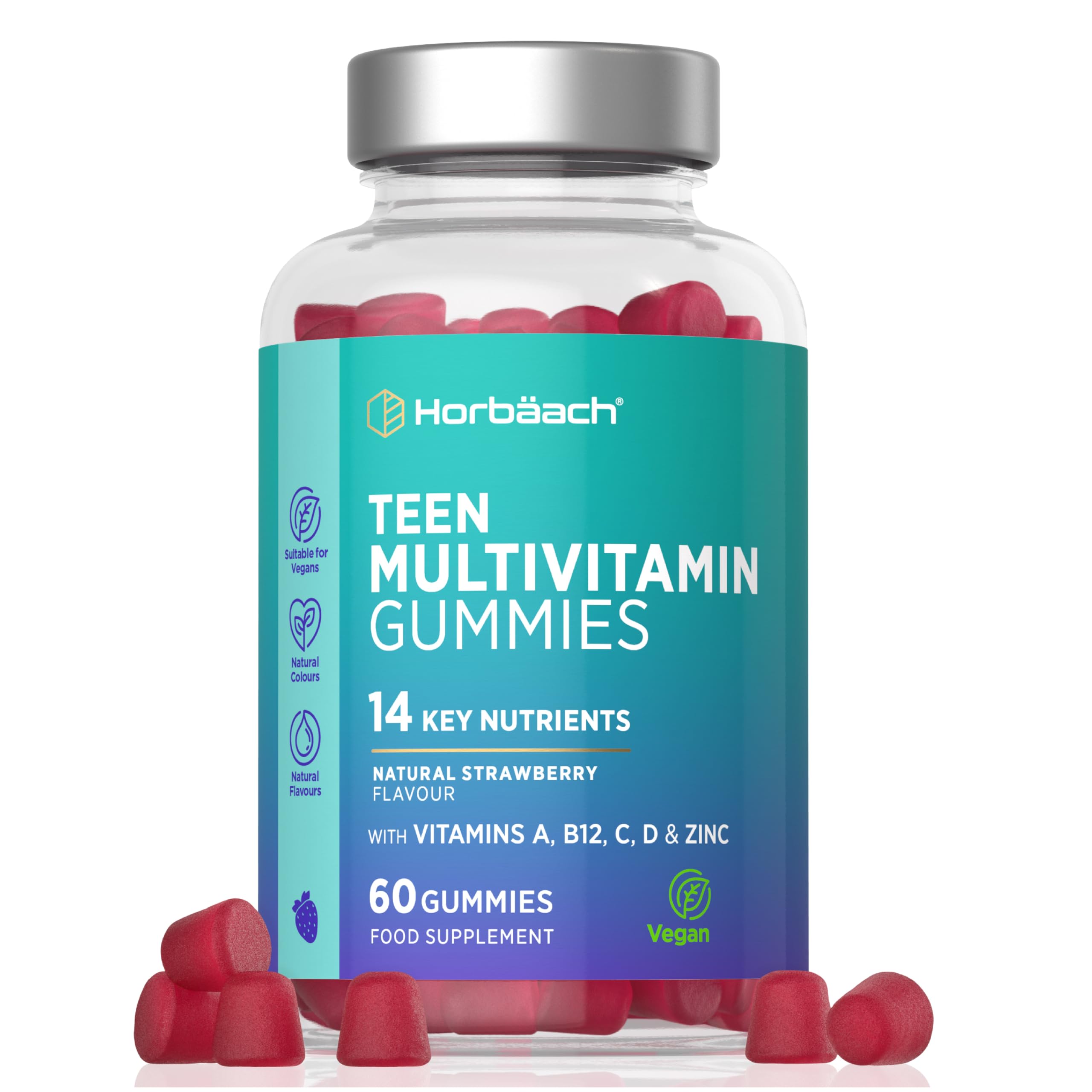Multivitamin Gummies for Teenagers | 60 Count | A- Z Multivitamin Complex with Vitamin A, B12, C, D, and Zinc | Berry Flavour for Teens | Vegetarian and Vegan Supplement | by Horbaach