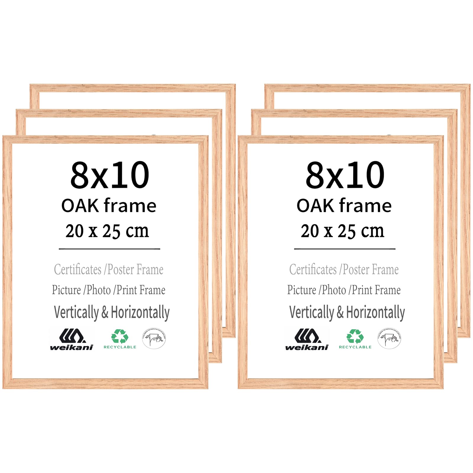 Weikani 8x10 OAK Wood Picture Frame,6 Pack-20x25cm