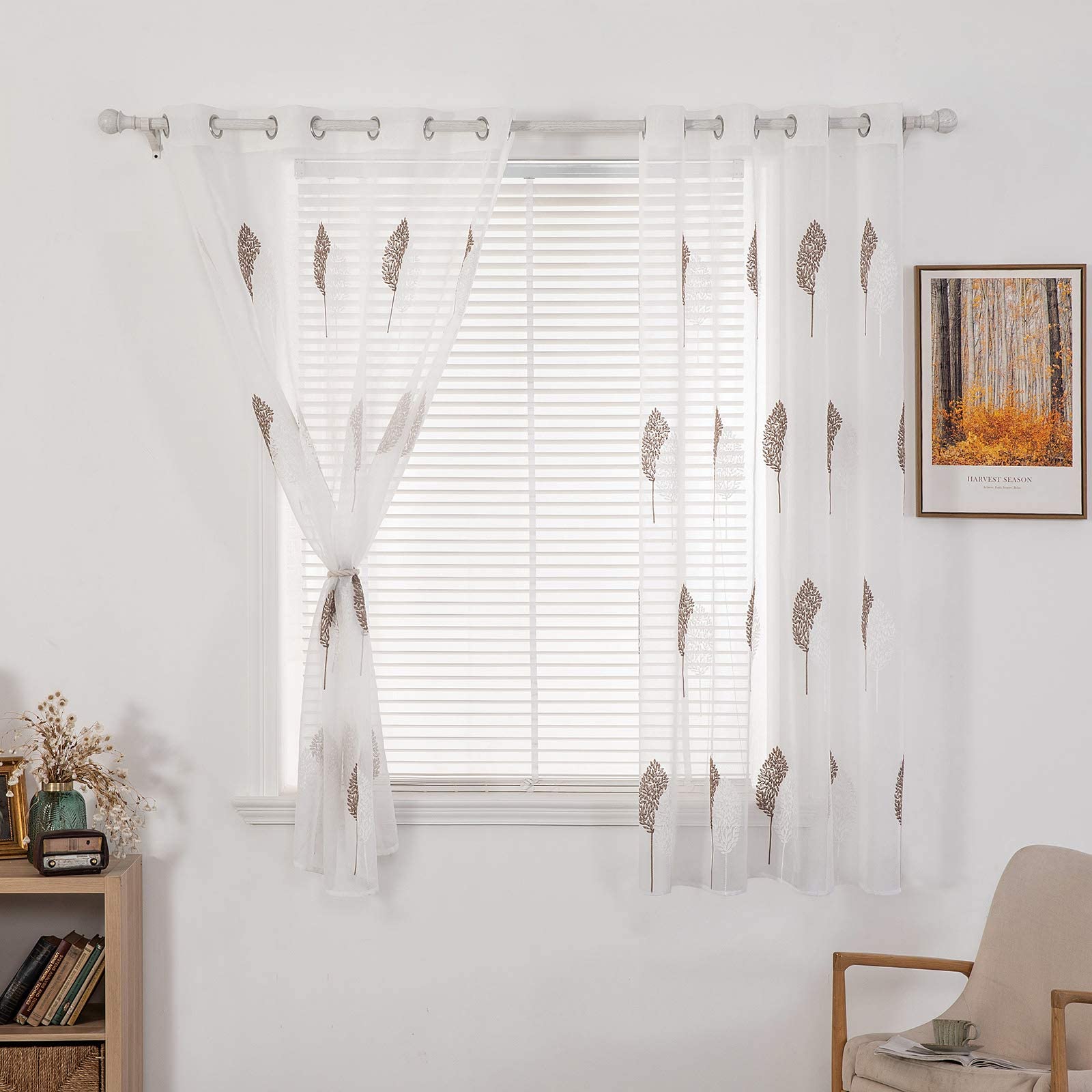 MIULEE Leaves Embroidery Sheer Curtains Grommet Window Curtain Semi Voile Drapes Panels with Eyelets Window Treatments for Living Room Bedroom Big Leaves Coffee 2 Panels 55" Wx 63" L