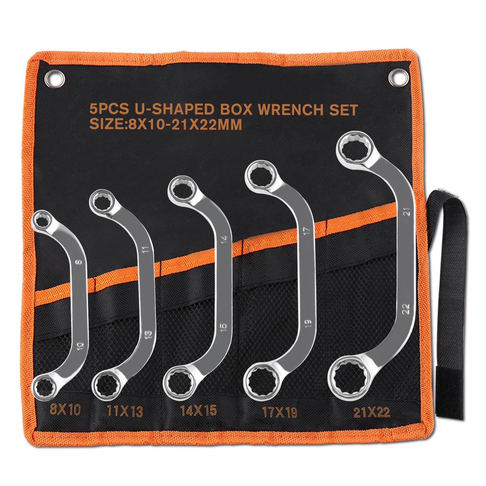 LEONTOOL Metric Half Moon Wrench Set with Double 12-Point Box Ends, 5Pcs 8-22mm Double Box End Wrench Set with Storage Pouch C-Style Box Wrench Set Box-End Obstruction Wrench Set for Vehicle Repairing