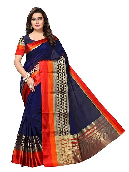 Kanchnar Womens Navy Blue Chanderi Silk Woven Saree