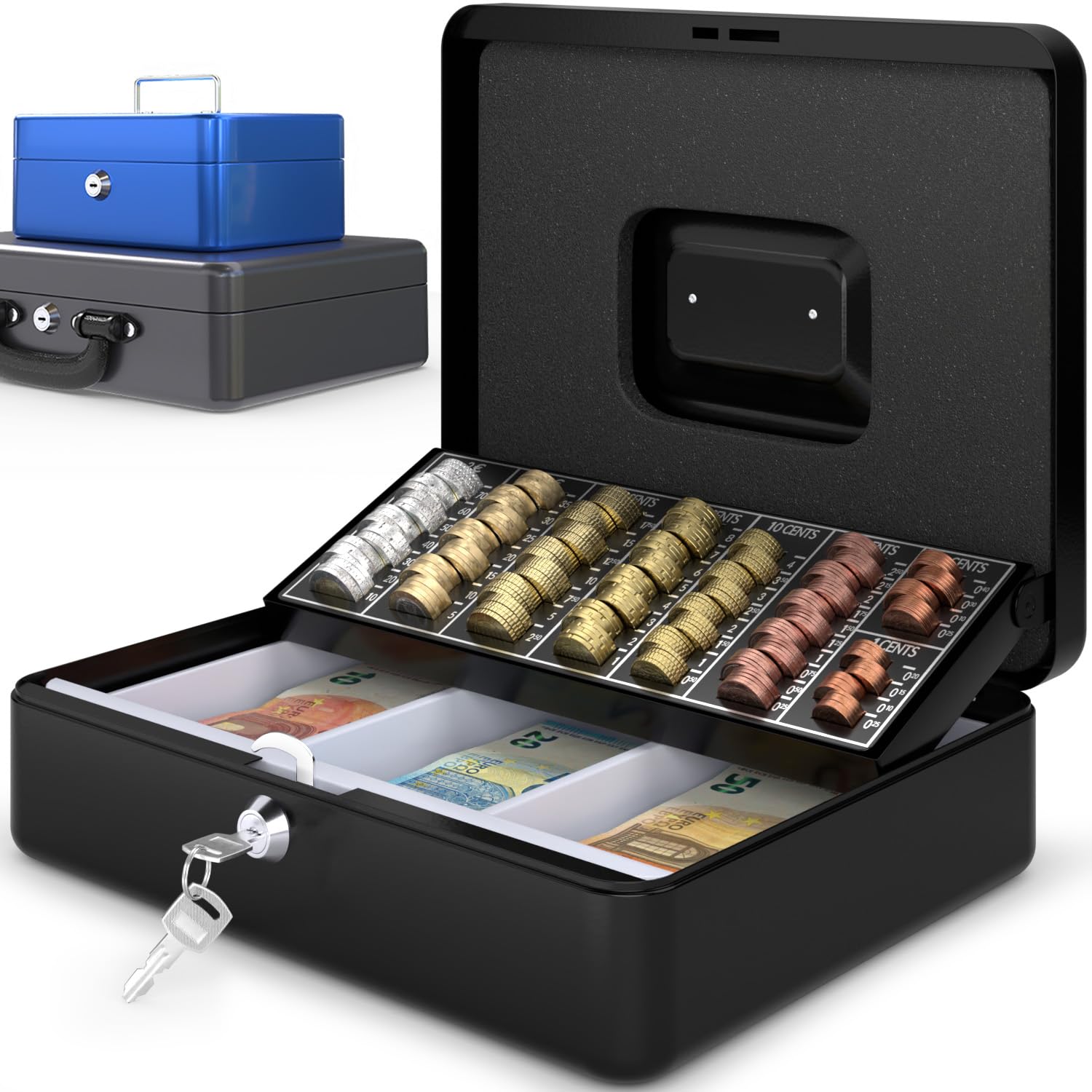 ACROPAQ Lockable Cash Box - (30 x 24 x 9 cm), Money Box with Coin Counting Tray, Steel construction, with 2 keys included, Black - Savings box, Money safe