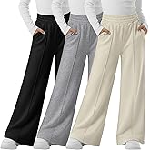 LessonZoo 3 Pack Girls Sweatpants Kids Wide Leg Front Seam Pants Elastic Waist Baggy Causal Athletic Joggers with Pockets