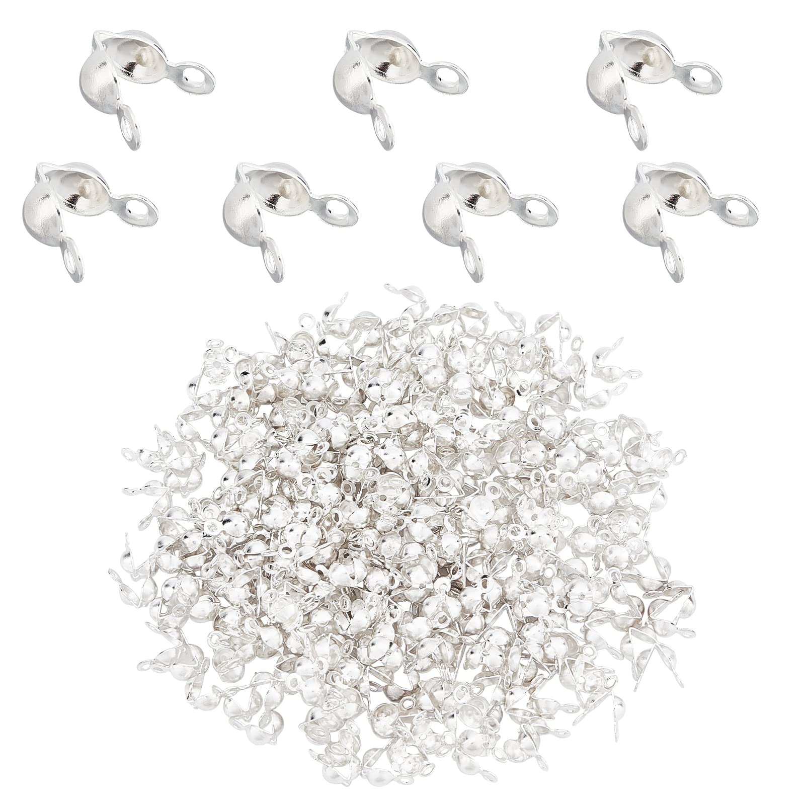 DICOSMETIC 300pcs 3.5mm 304 Stainless Steel Clamshell Open Bead Tips Bead Silver Color Knot End Caps Fold-Over Crimp Beads Covers for Jewelry Making DIY Craft, Hole:1.2mm