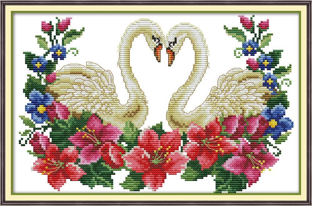 Cross Stitch Kits, Heart Print Swans Flowers Awesocrafts Easy Patterns Cross Stitching Embroidery Kit Supplies Christmas Gifts, Stamped (Swans, Stamped)