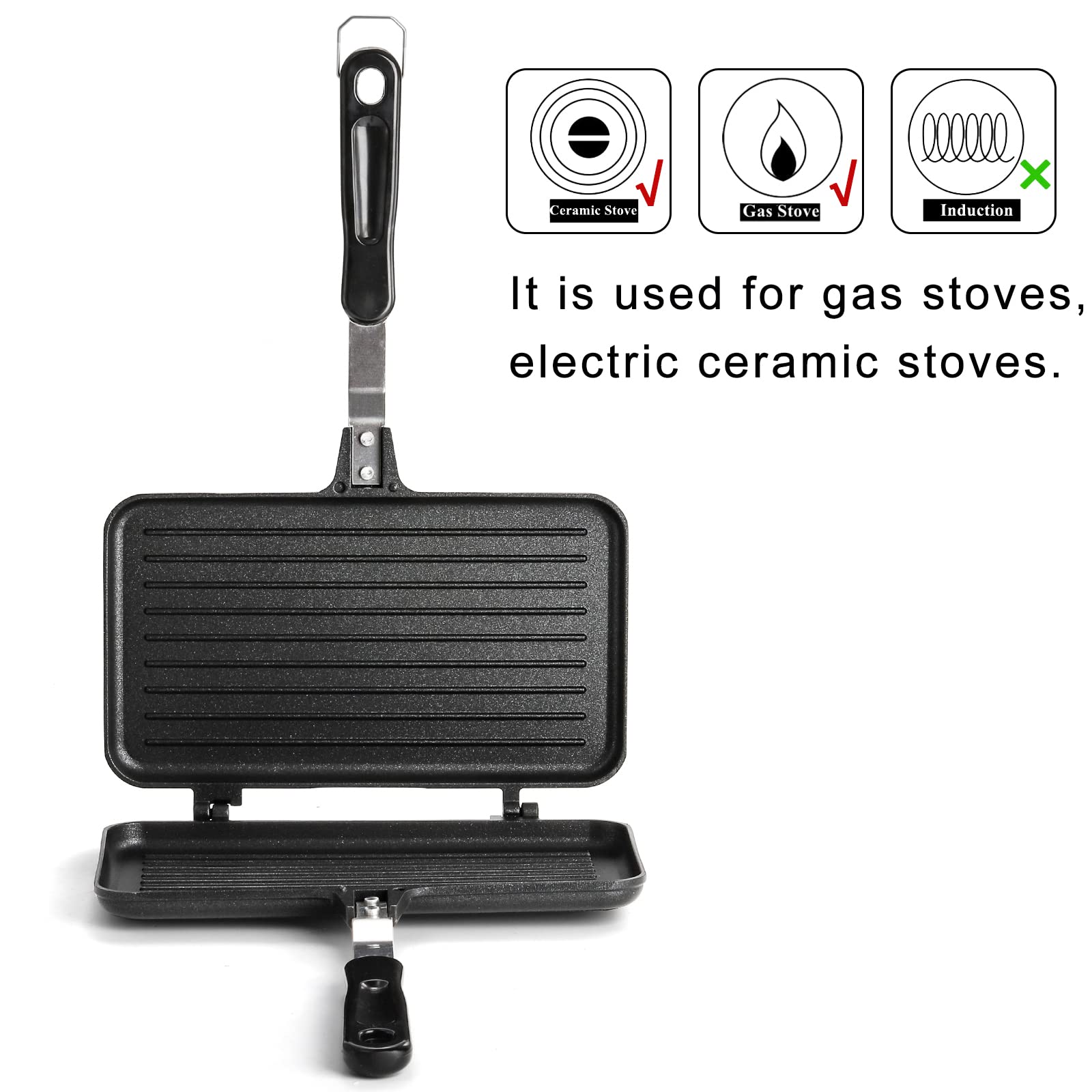 SOUJOY Sandwich Maker, Non-stick Grill Panini Maker Pan with Handle, Stovetop Toasted Aluminum Flip Pan Indoor Outdoor Camping Home Kitchen Breakfast