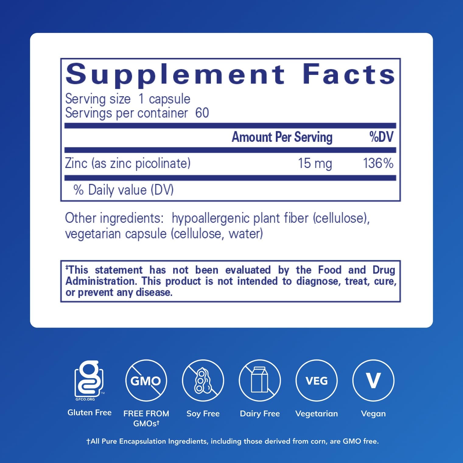 Pure Encapsulations Zinc 15 mg - Zinc Picolinate Supplement for Immune System Support, Growth & Development - for Wound Healing - 60 Capsules