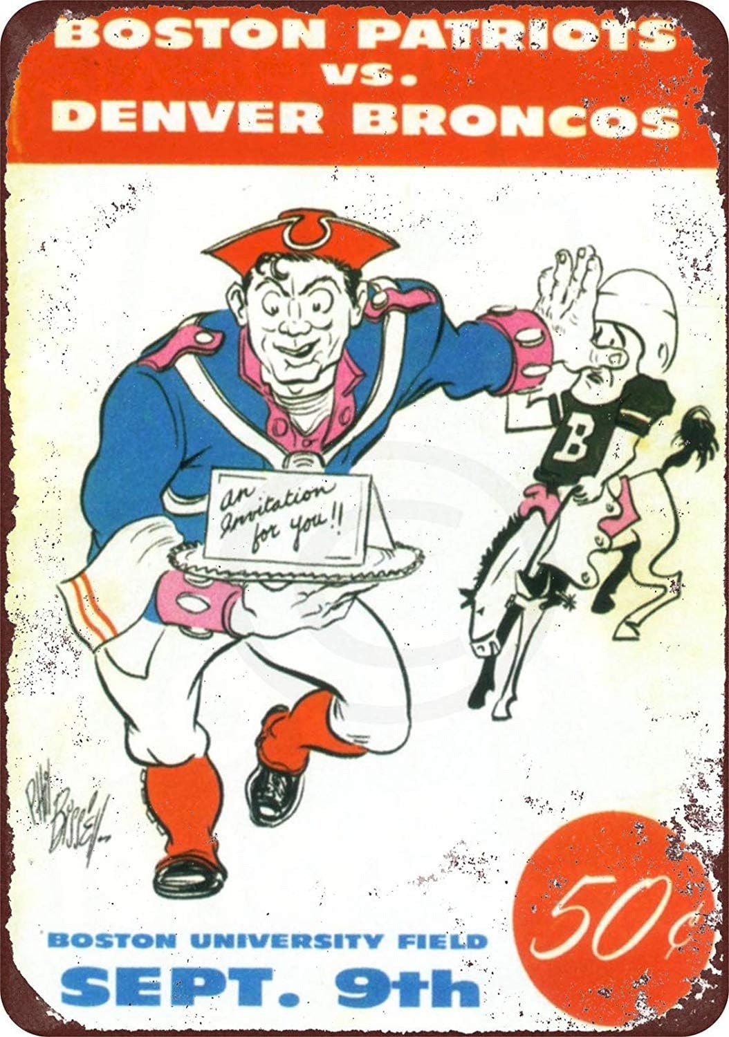 Tiukiu 1960 Boston Patriots Vs Denver Broncos Vintage Reproduction Metal Sign 8 X 12 Amazon Co Uk Kitchen Home
