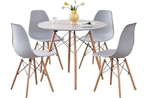 Lecafur HL 5-Piece Round Dining Table Set, Small 35.5" Kitchen Table Chairs Set of 4 Space Saving Furniture, Plastic Seats, Solid Wood Legs, for Living Room Apartment Office Home, Grey