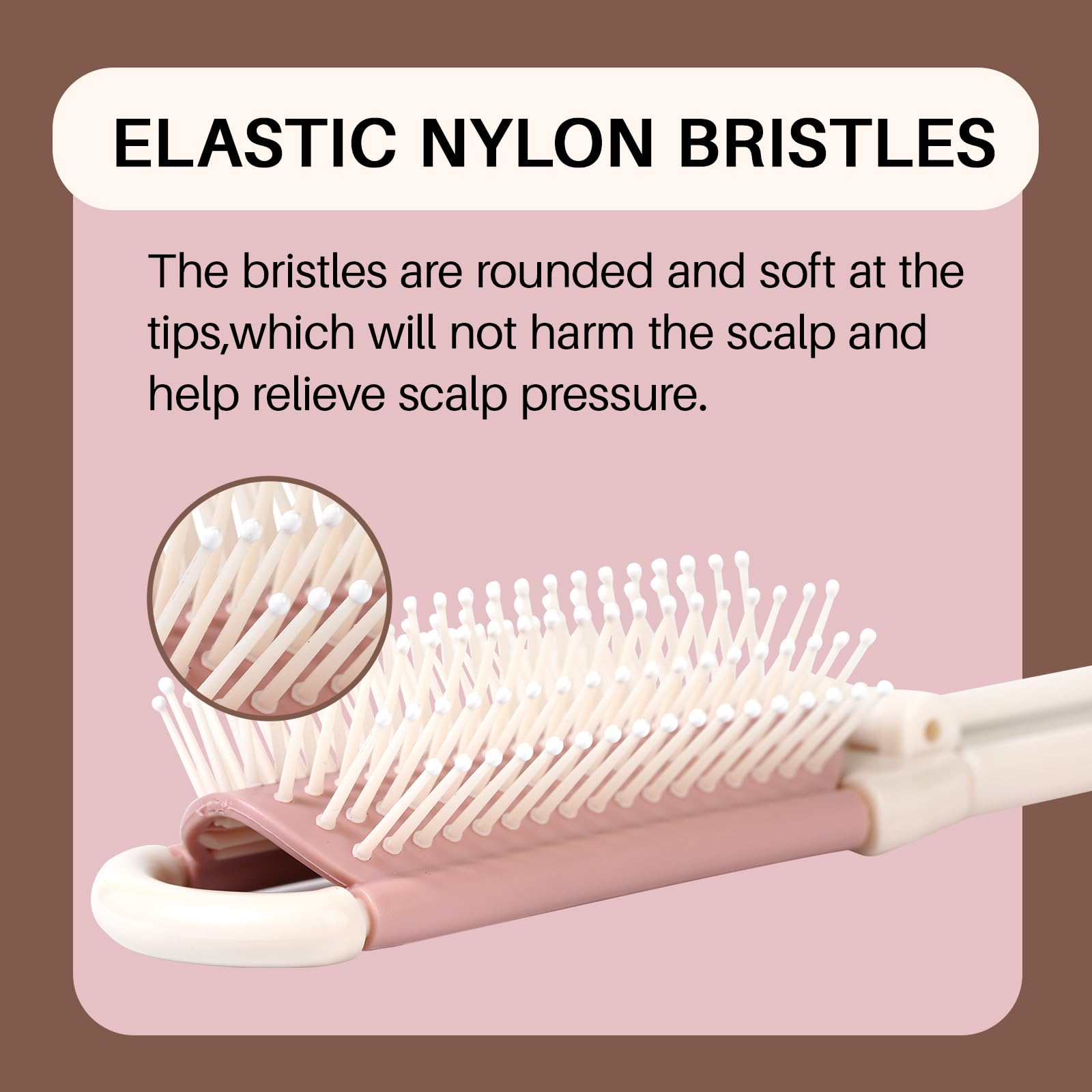 RHOS Folding Brush with Mirror for Women, Girls - Mini Hair Brush for Purse, Small Pocket Brush with Soft Nylon Bristles and Mirror for Travel (Beige)