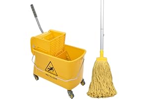 WAJEEHAA Mop Bucket with Wringer, 22 Qt (5.5 Gallon), Floor Cleaning, Handle, Wheels, 16.5" L x 10.6" W x 26.4" H, Yellow,Plus One Cotton Mop