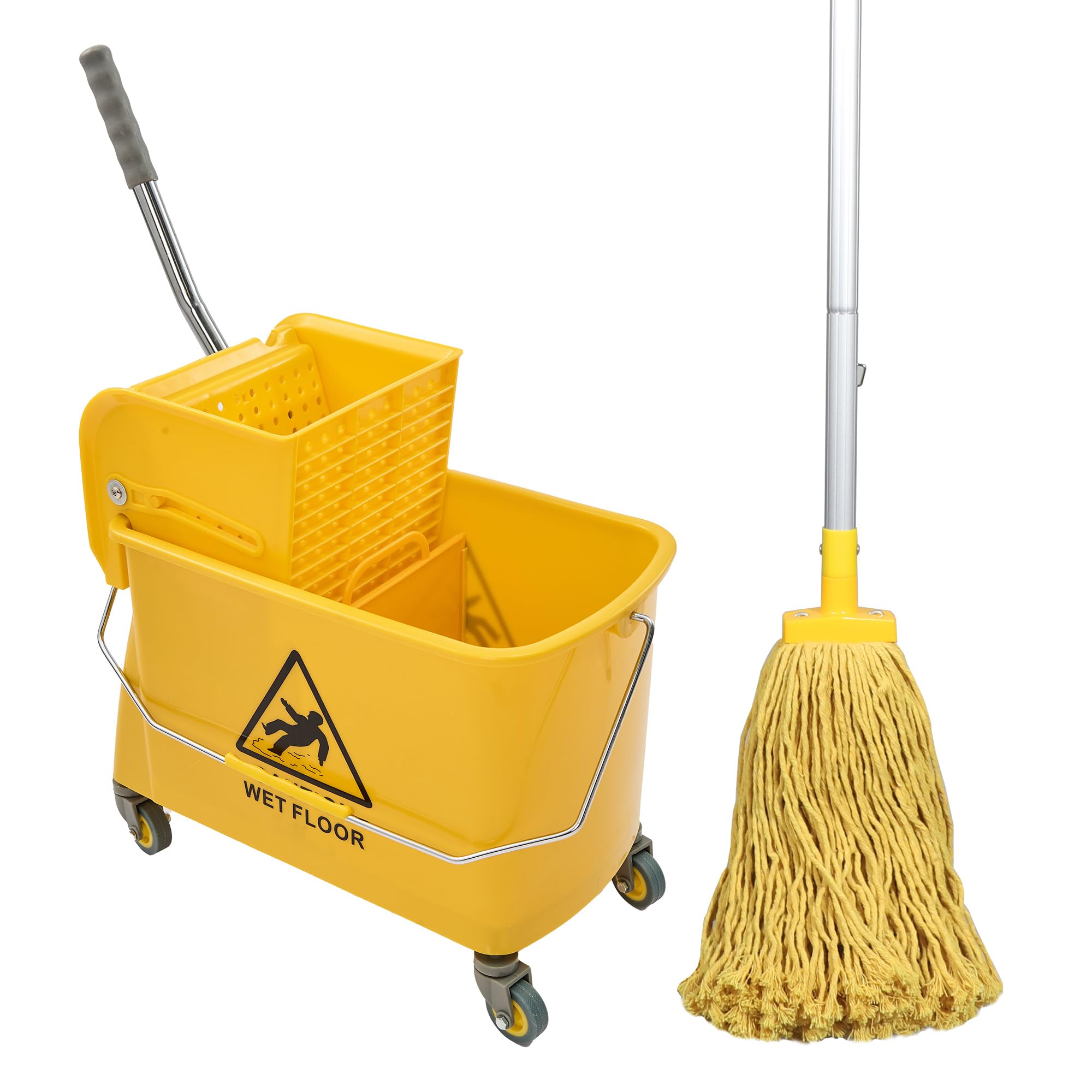 Photo 1 of Mop Bucket with Wringer, 22 Qt (5.5 Gallon), Floor Cleaning, Handle, Wheels, 16.5" L x 10.6" W x 26.4" H, Yellow,Plus