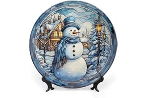 Gokays Christmas Decorative Plates for Wall Hanging, Cute Snowman Ceramic Plate, Blue Stained Glass Style Wobble-Plate with Display Stand, Home Decor for Kitchen Cabinets, Farmhouse Round Tray 8 Inch