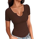 Buauty Womens Tops V Neck Short Sleeve Shirt Dressy Casual Summer Trendy T Shirt Ribbed Fitted Sexy Cute Tee Tops 2XL Coffee