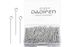 DADIFEN 304 Stainless-Steel Eye Pins for Jewelry Making 24 Gauge Silver Head Pins 0.6x35mm 300pcs/Box Open Eye Pins for DIY Making Earring Necklace Bracelets Dangle Charm Jewelry Findings Eyepins