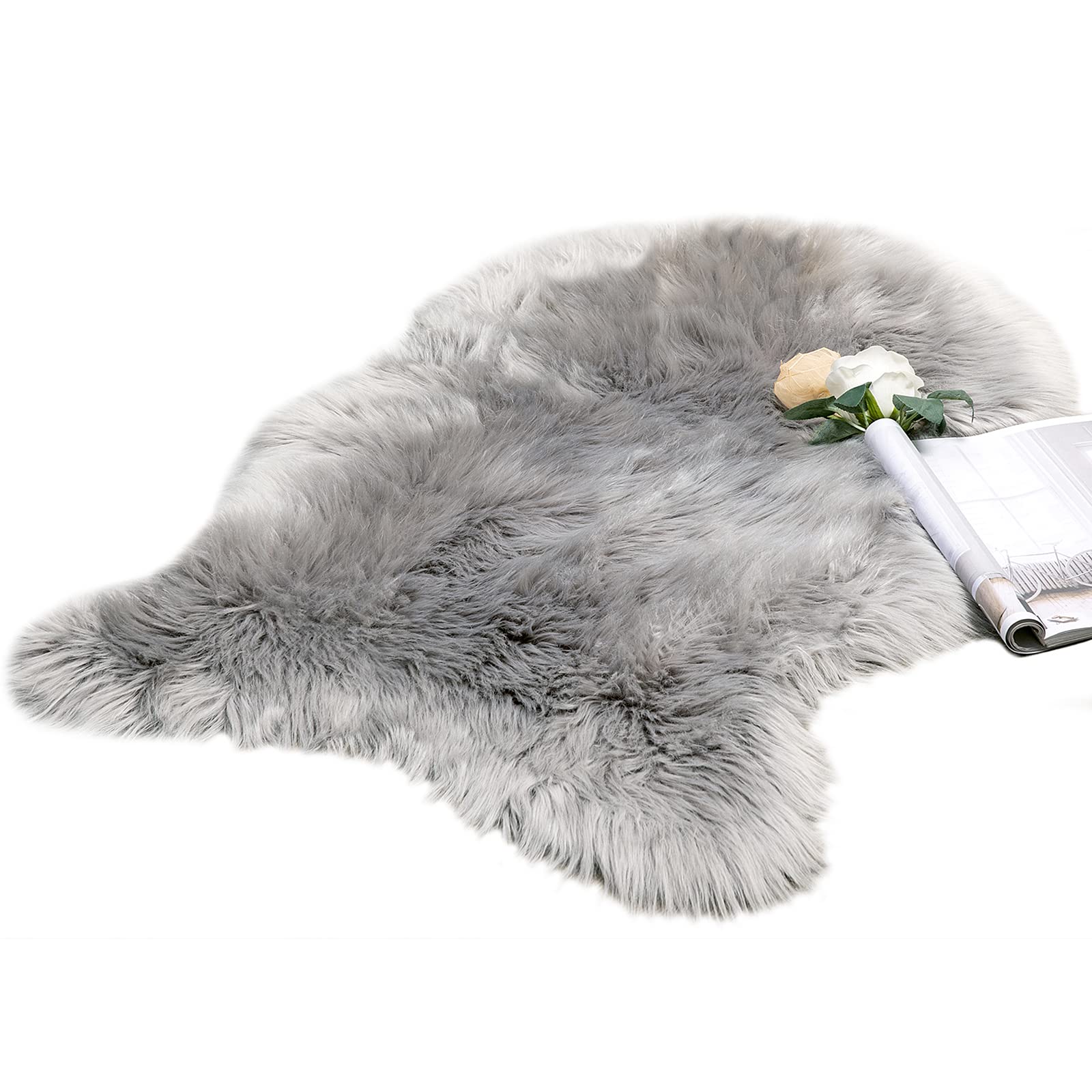 MIULEE Faux Fur Area Rugs Sheepskin Fluffy Mat Fleece Chair Cover Seat Pad Soft Shaggy Area Mat for Bedroom Sofa Floor 60 x 90 cm Irregular Shape Grey