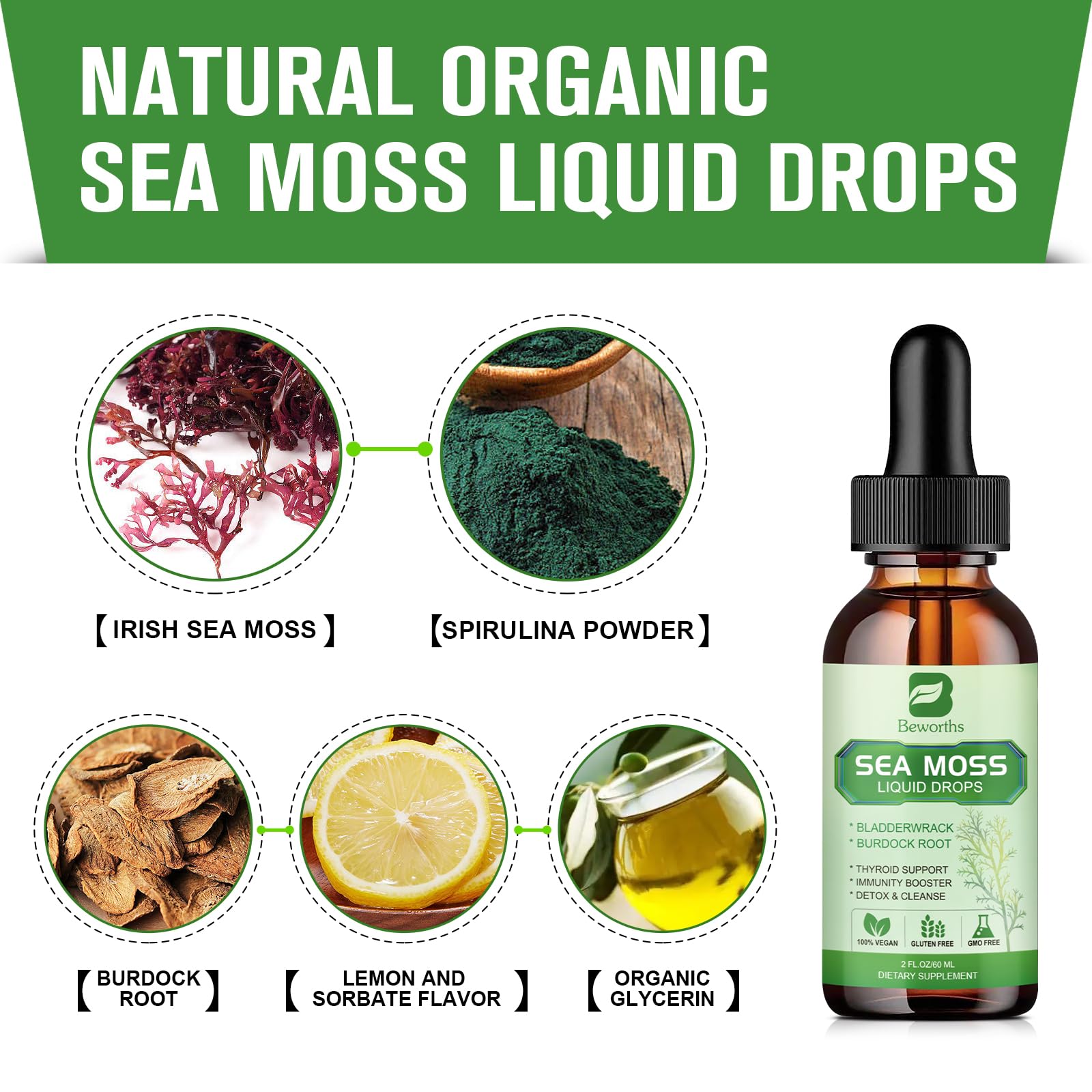 B BEWORTHS Sea Moss Liquid Drops - Organic Irish Sea Moss Gel with Spirulina, Bladderwrack, Burdock Root, Seamoss Gel Supplement for Joint, Detox Cleanse & Digestion Support - 2 Fl Oz, Vegan