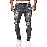 HUNGSON Men's Blue Slim Fit Jeans Stretch Destroyed Ripped Skinny Jeans Side Striped Denim Pants