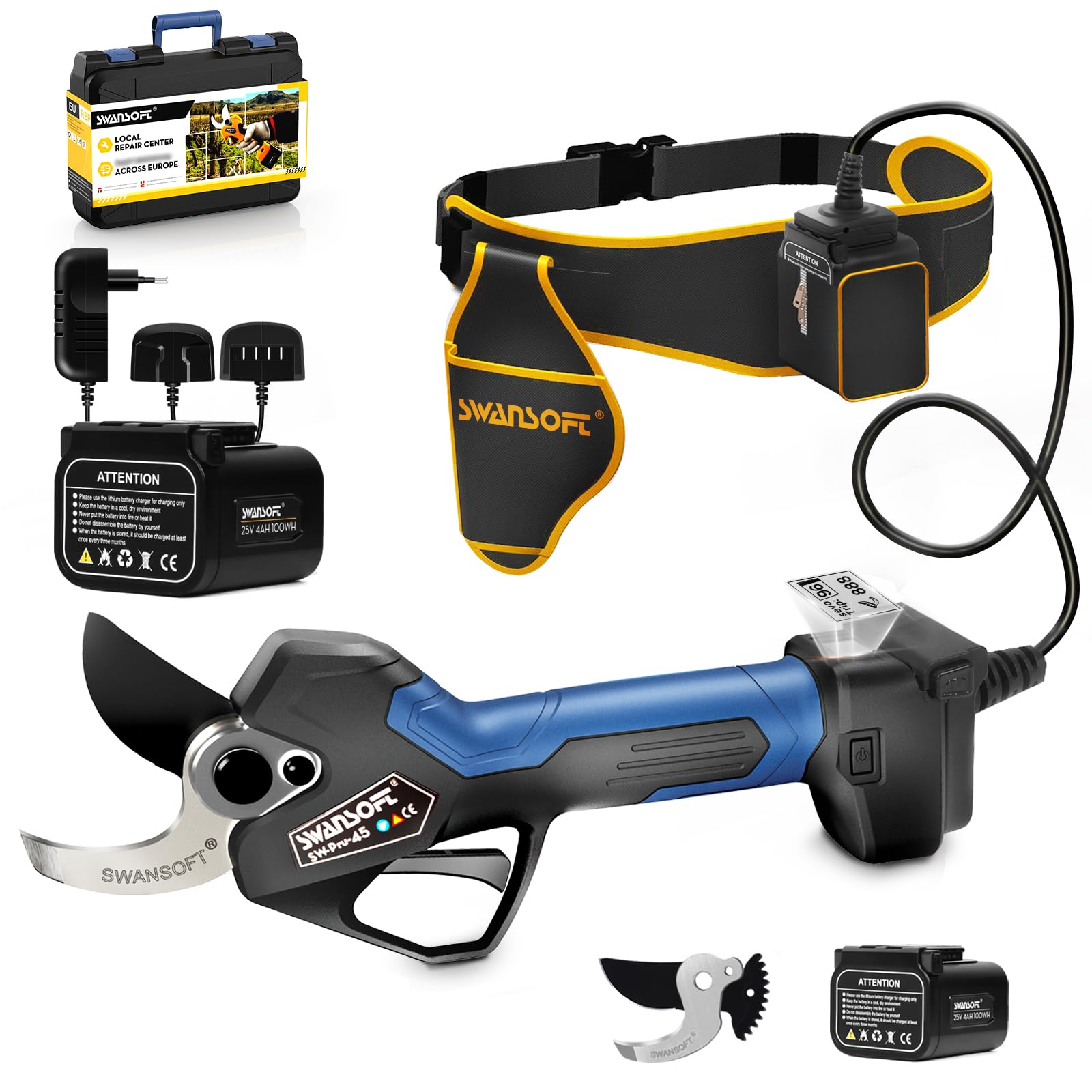 [Bestes Preis-Leistungs-Verhältnis] SWANSOFT PRU45 Akku Astschere Professionelle,45mm 25V 4+4Ah Akkus,1150W Bürstenloser Motor,LCD,Elektrische Gartenschere Für Präzisen Baumschnitt Garten Sträucher