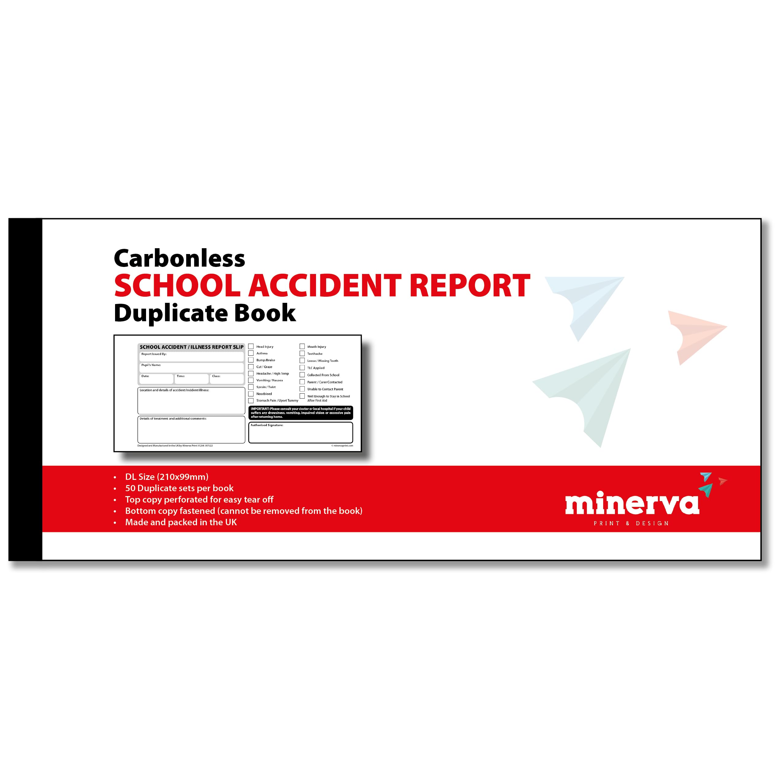 Accident Report Duplicate Book with NCR Paper - Records for School Incidents & Illnesses, DL Size 210x99mm - Pack of 20