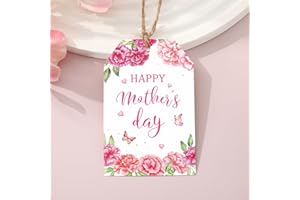 Whaline 100Pcs Mother's Day Paper Gift Tags Hanging Tags with Rope Red Pink Carnation Heart Butterfly Label Tag for Mother's 