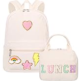 Dansydaisy Preppy Corduroy School Backpack Set for Girls Backpack and Lunch Bag with Chenille Patches Corduroy Bookbag Lunch Bag for Back to School Gift