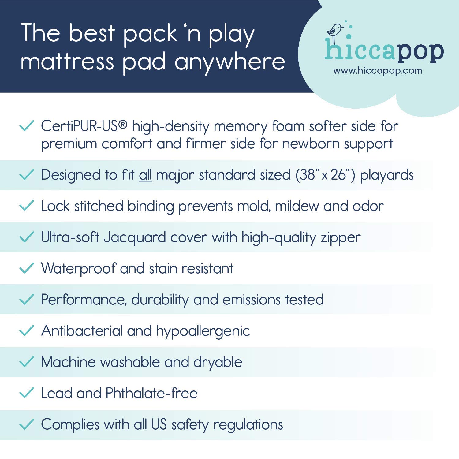 hiccapop Pack and Play Mattress Pad [Dual Sided] w/Firm Side (for Babies) & Soft Memory Foam Side (for Toddlers) | Memory Foam Play Yard Mattress Pad | Playard Mattress Fits Most Pack N Play Playpens : Baby