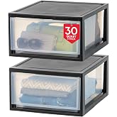 IRIS USA 2-Pack 30 Qt. Stacking Drawer Organizer with Sliding Drawer, Black | Organize dorm essentials, clothing, school supplies, and toiletries with stackable storage for compact living spaces.