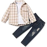 bilison 3Pcs Toddler Baby Boy Outfits Flannel Shirt Hooded+T Shirts+Jeans For 12M-5T Boys Clothtes Fall Winter