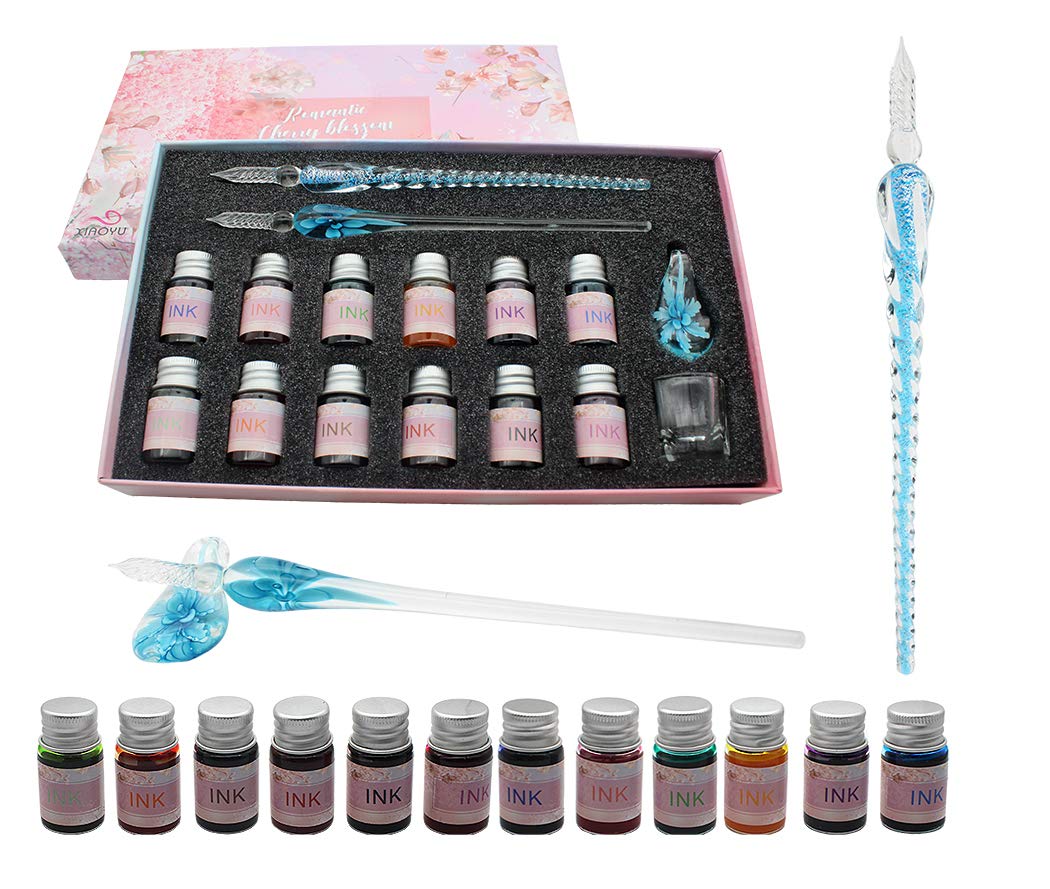 XIAOYU Glass Dip Pen Ink Set, 16 Pieces Calligraphy Pens Set - 12 Colorful Inks, Pen Holder, Cleaning Cup, 2 Crystal Glass Pens for Art, Writing, Drawing, Signature - Light Blue